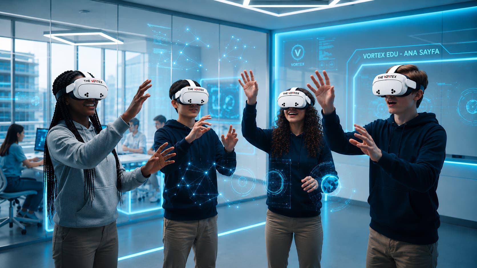 Fütüristik bir sınıfta VR başlıkları takan öğrenciler, holografik eğitim içerikleriyle etkileşimde