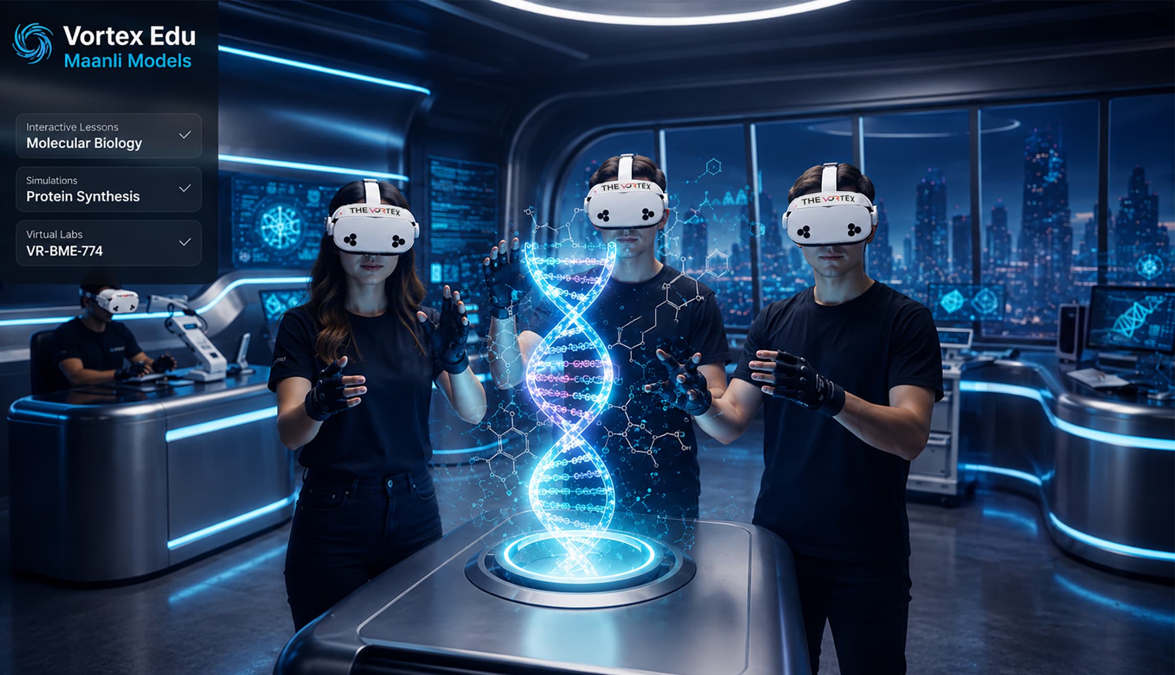 Holografik moleküler yapılarla etkileşen öğrencilerin bulunduğu yüksek teknolojili VR laboratuvarı
